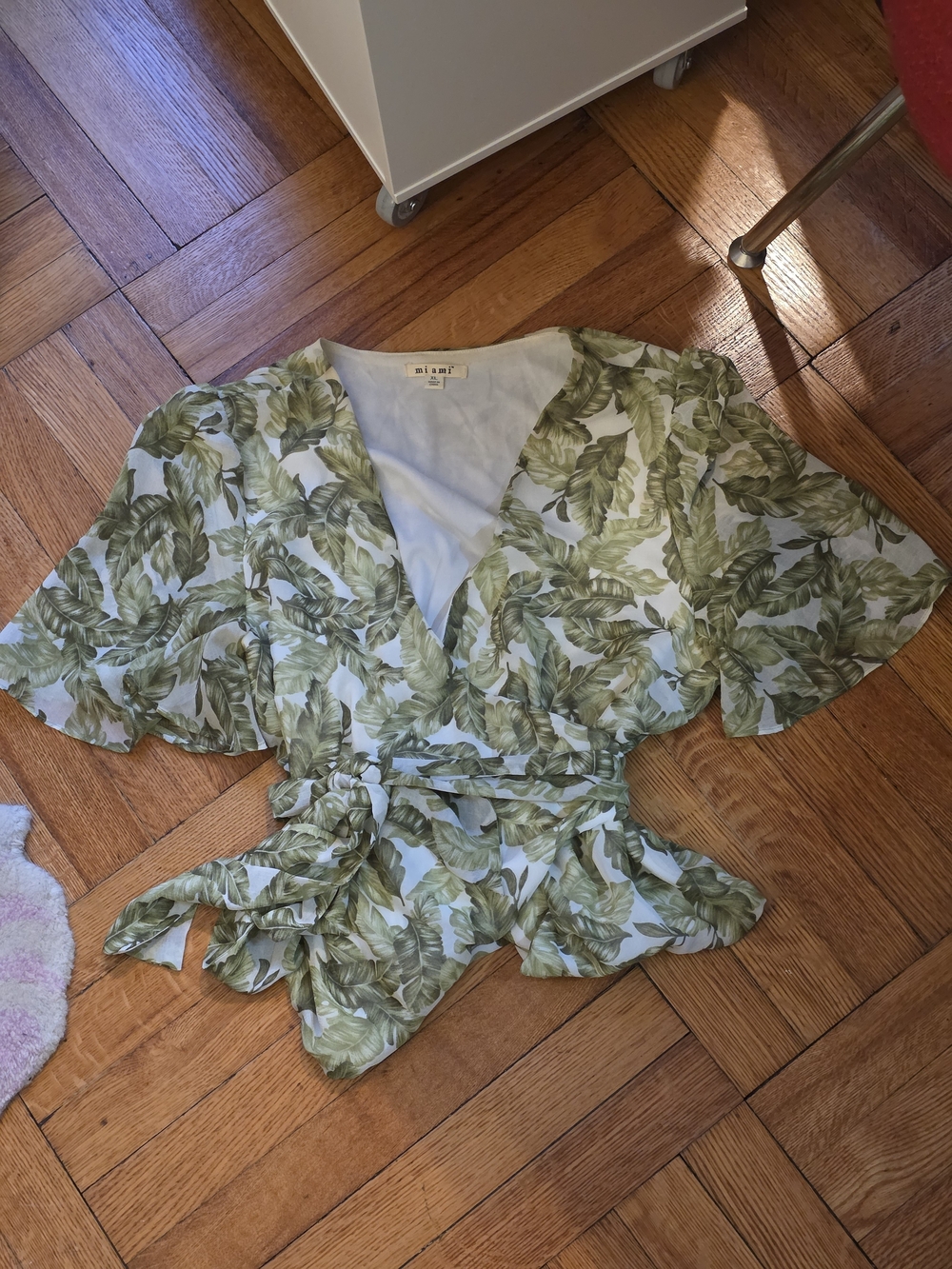 Francesca's Miami Green Leaf Tie-Waist Wrap Blouse
